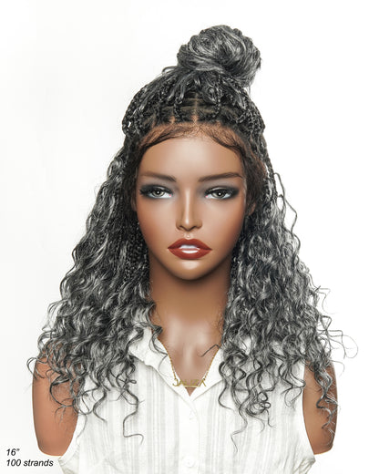 Salt & Pepper 16" HD Full Lace Boho Braided Wig with Tangle-Free Human Hair & Synthetic Blend Curls