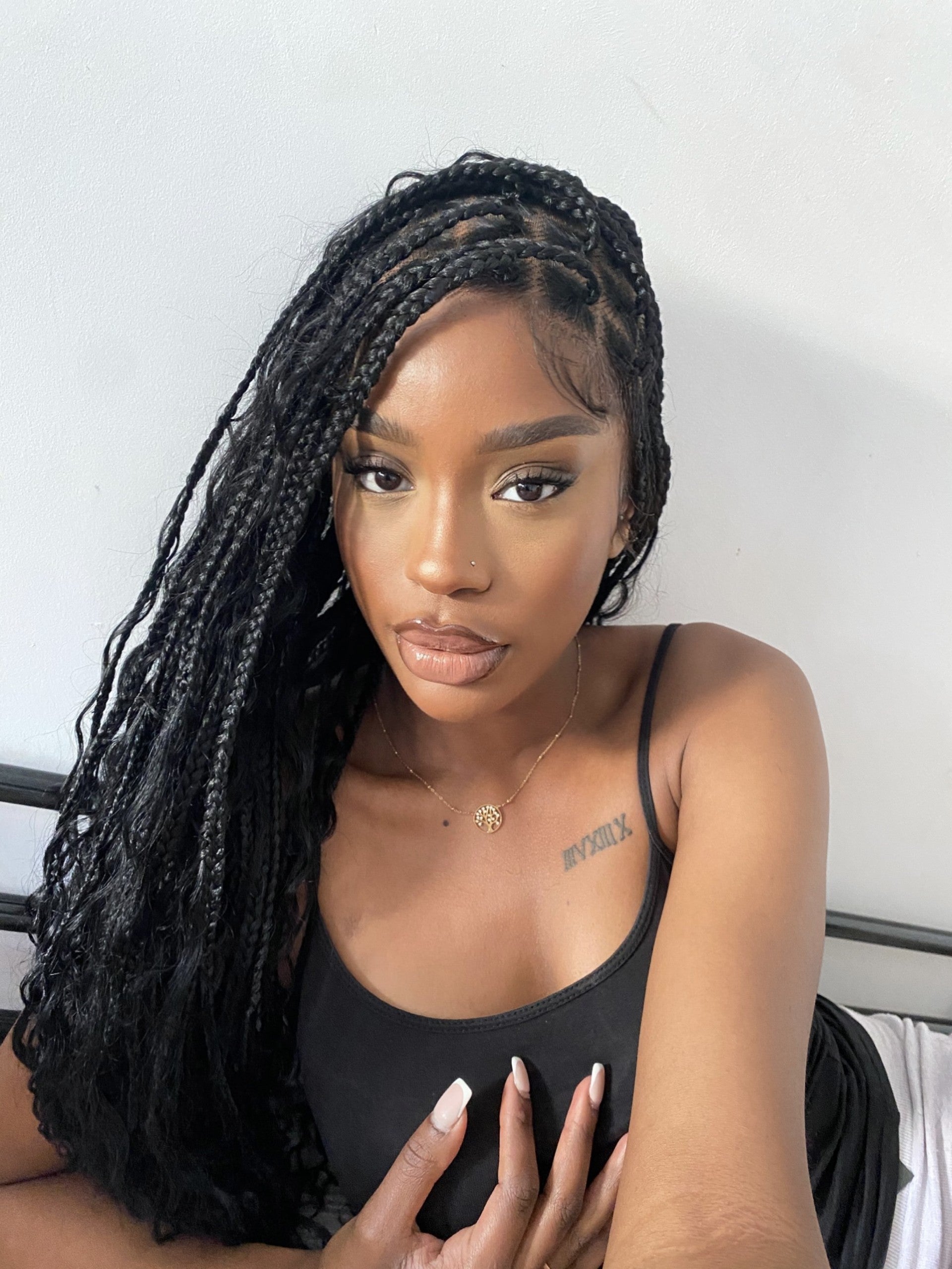 Human Hair Boho Curly Ends Knotless Box Braided Wig 36" Full Lace 100% Hand-tied - Human Baby Hair